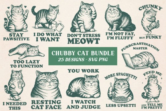 Chubby Cat SVG Bundle – 25 Funny Cat Graphics for Crafts